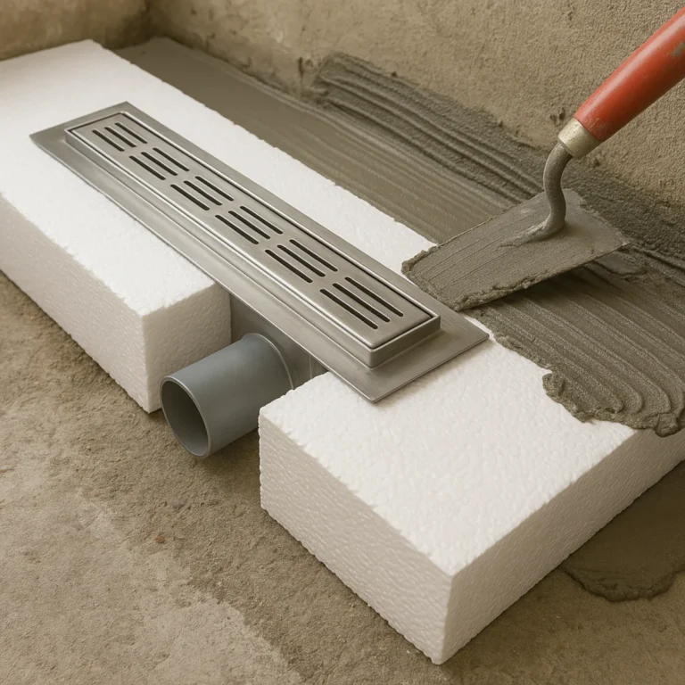 Montaż odpływu liniowego na styropianie – rozprowadzanie zaprawy i przygotowanie podłoża pod spadek przy odpływie