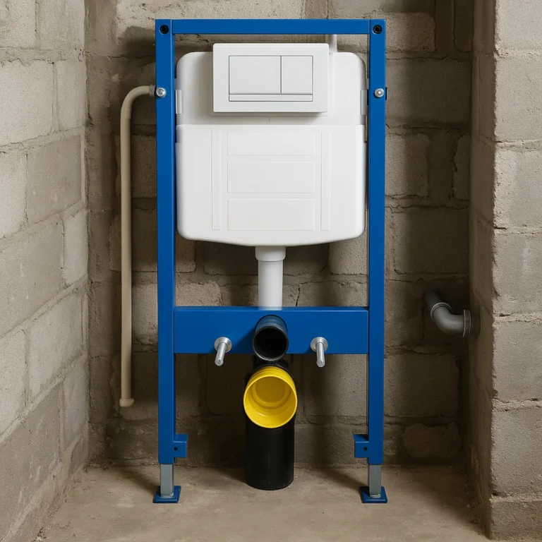 Stelaż podtynkowy WC zamontowany na surowej ścianie z bloczków, przygotowany do zabudowy