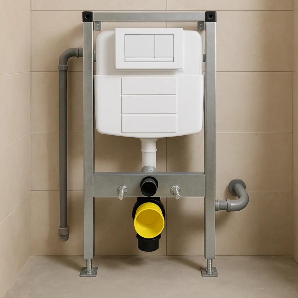 Stelaż podtynkowy WC przy jasnych płytkach ceramicznych w łazience