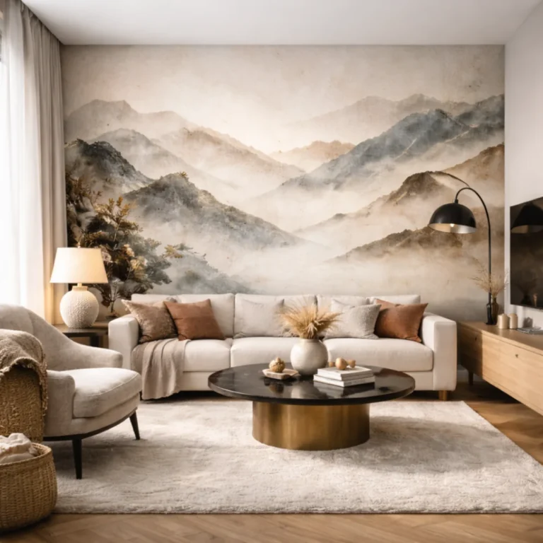 Nowoczesne tapety do salonu z geometrycznym wzorem, jasna sofa i strefa TV, ujęcie od okna