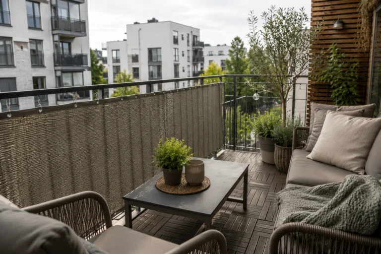 Balkon w bloku z osłoną balkonową przed wiatrem, meblami wypoczynkowymi, roślinami w donicach i stolikiem kawowym