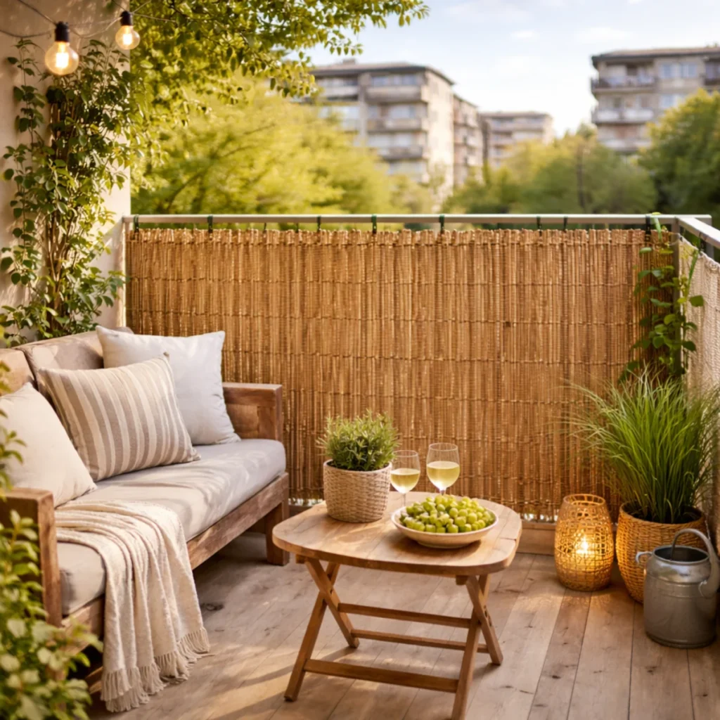 Balkon z matą bambusową jako osłona balkonowa przed wiatrem, ławka i stolik