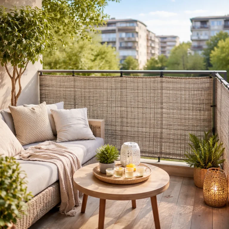 Balkon z osłoną balkonową przed wiatrem z technorattanu, sofa i stolik kawowy