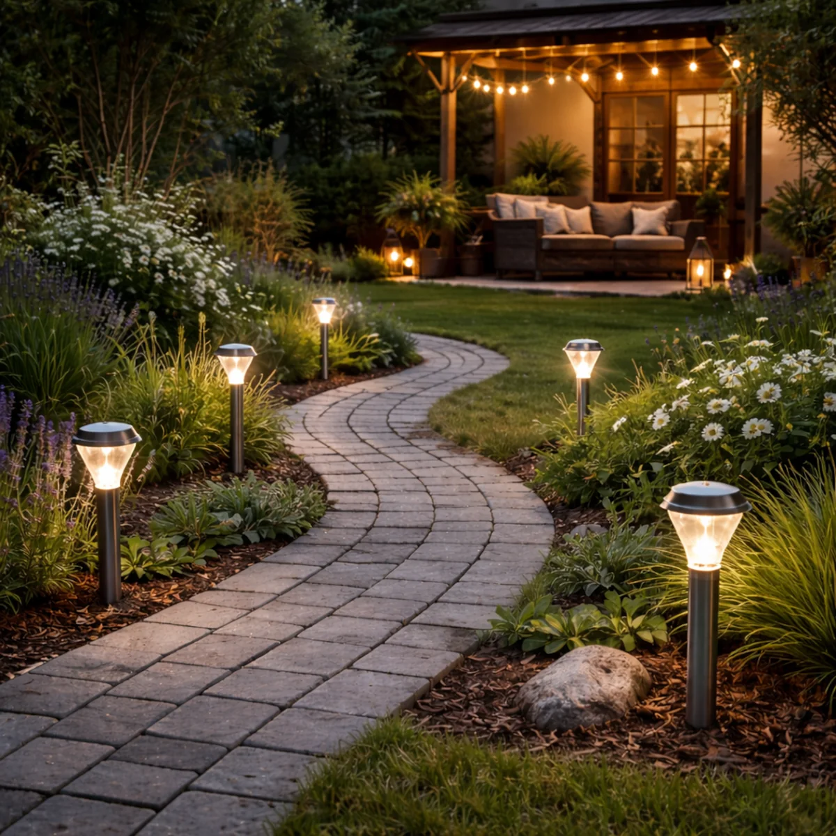Oświetlenie solarne do ogrodu przy ścieżce – lampy solarne wzdłuż kostki brukowej i rabat o zmierzchu