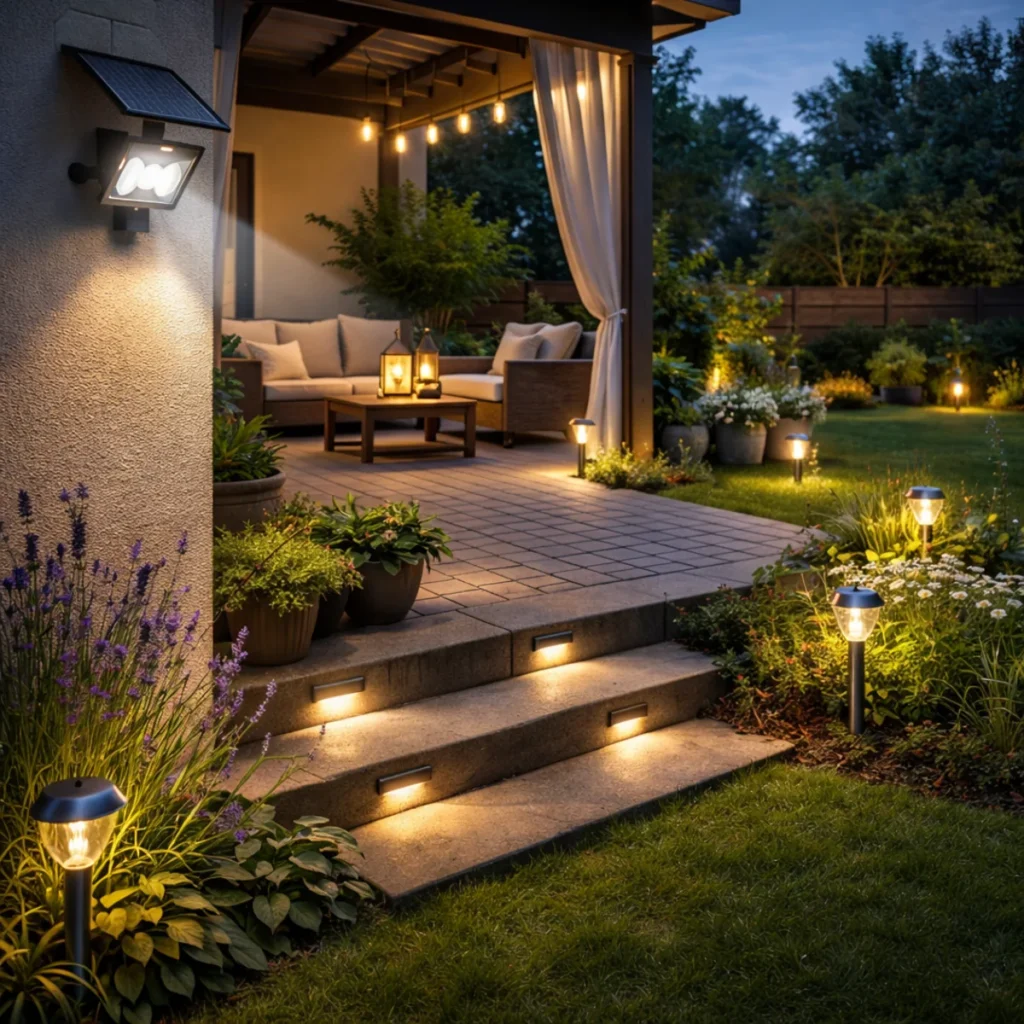 Oświetlenie solarne do ogrodu na tarasie – lampy solarne i światło przy strefie wypoczynku wieczorem