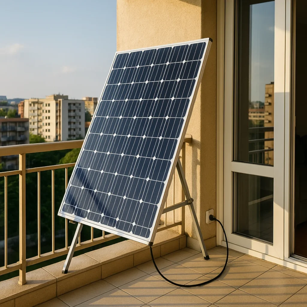 Panel fotowoltaiczny na balkonie podłączony do gniazdka w mieszkaniu