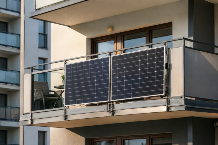 Panele fotowoltaiczne na balkon zamontowane na balustradzie nowoczesnego bloku mieszkalnego