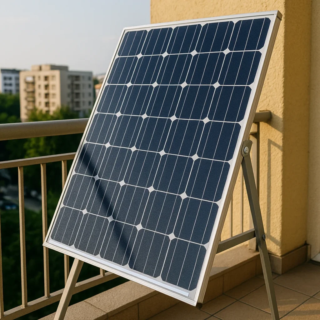 Panel fotowoltaiczny na balkonie w bloku z widokiem na miasto
