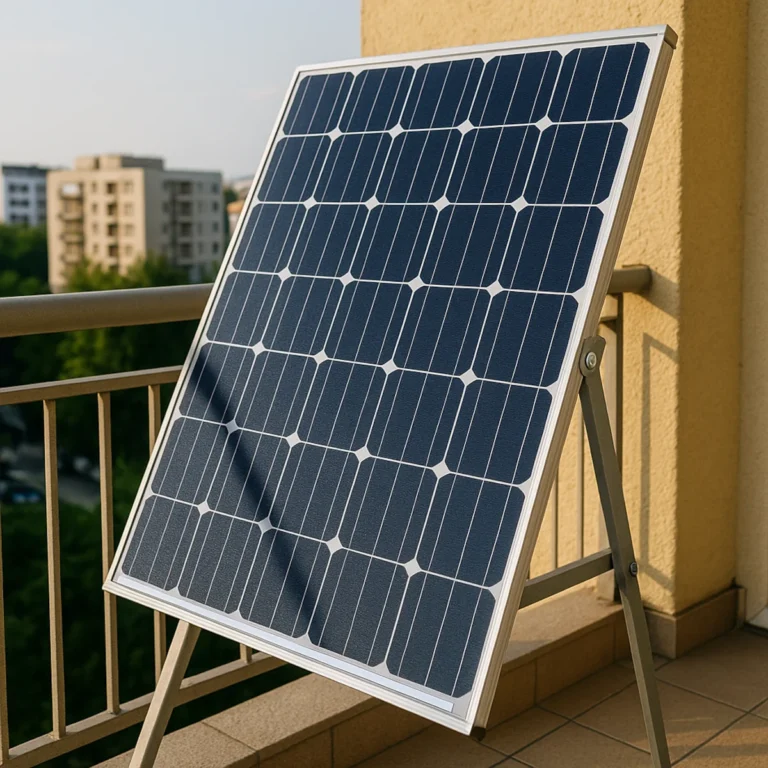 Panel fotowoltaiczny na balkonie w bloku z widokiem na miasto