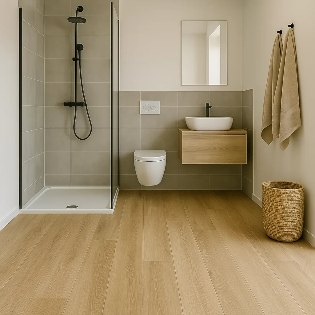 Nowoczesna łazienka z panelami winylowymi w kolorze jasnego drewna