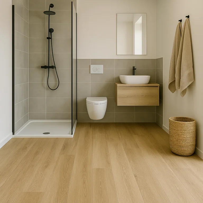 Nowoczesna łazienka z panelami winylowymi w kolorze jasnego drewna