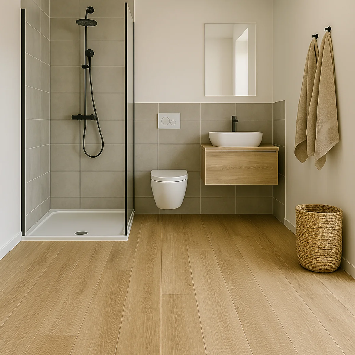 Nowoczesna łazienka z panelami winylowymi w kolorze jasnego drewna