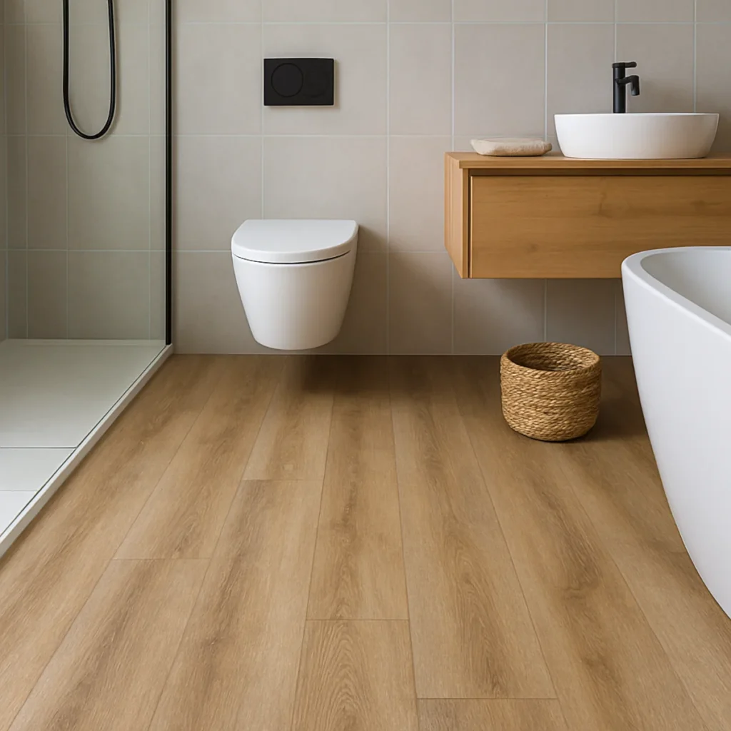 Podłoga z paneli winylowych w łazience z prysznicem, toaletą i wanną