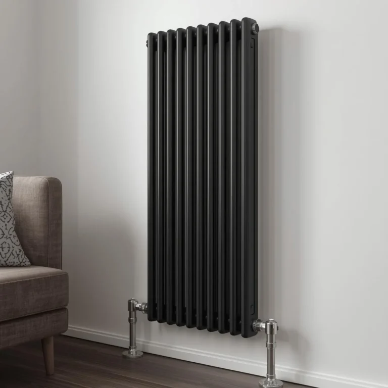Pionowe grzejniki dekoracyjne do salonu – czarny, wysoki grzejnik żeberkowy przy białej ścianie, podłączenie dolne