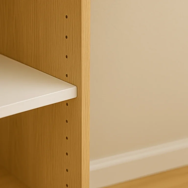 Zbliżenie białej półki wsuniętej w regał z jasnego drewna z okrągłymi otworami pod mocowania półek