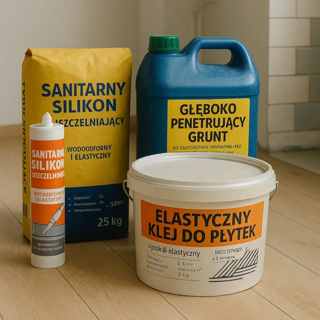 Profesjonalna chemia budowlana do domu – silikon sanitarny, elastyczny klej do płytek, grunt i worek zaprawy na drewnianej podłodze