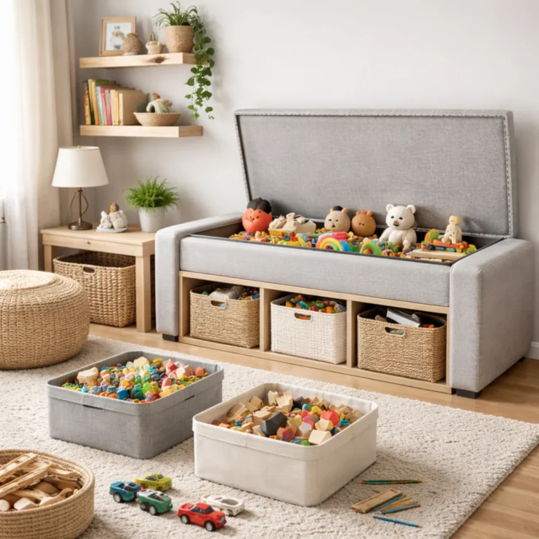 Przechowywanie zabawek w salonie – ławka ze schowkiem i kosze pod siedziskiem