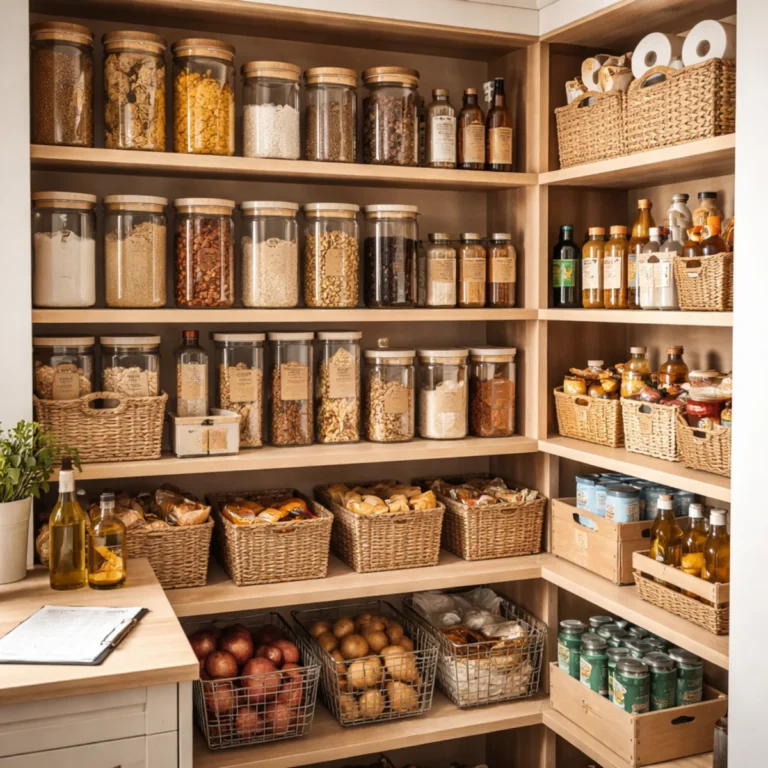 Uporządkowana spiżarnia z pojemnikami na suche produkty, koszami i zapasami na drewnianych półkach