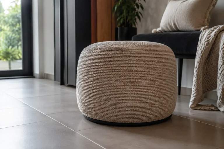 Pufa antypoślizgowa na płytki w nowoczesnym salonie z jasną podłogą ceramiczną
