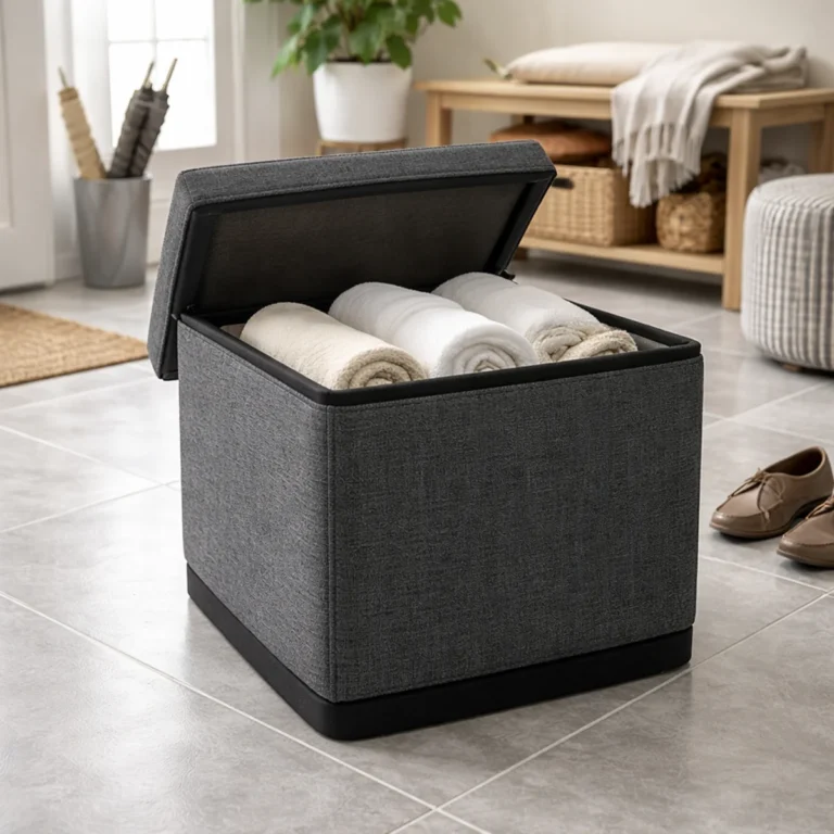 Pufa antypoślizgowa na płytki ze schowkiem w przedpokoju, otwierana pufa na jasnych kafelkach z ręcznikami w środku