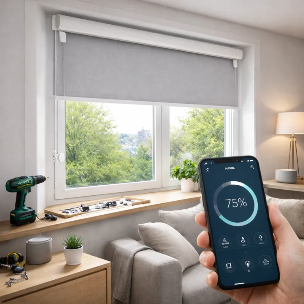 Rolety smart bez przewodów sterowane aplikacją, roleta na oknie w salonie i ustawienie poziomu zasłonięcia