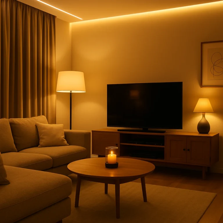 Nastrojowe sceny świetlne w salonie z kanapą, telewizorem, lampami i świecą