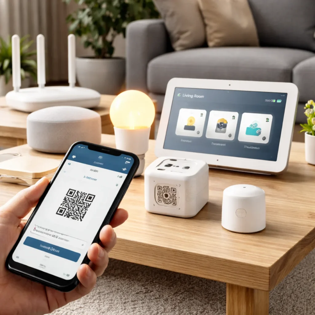 Konfiguracja standard Matter w smart domu – telefon skanuje kod QR, na stoliku leżą hub i urządzenia smart w salonie.