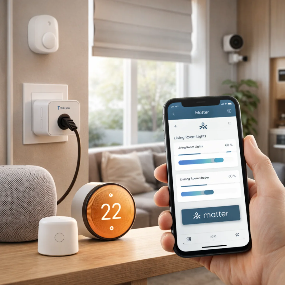 Sterowanie w standardzie Matter w smart domu – aplikacja na telefonie reguluje światło i rolety, w tle smart gniazdko i czujnik.