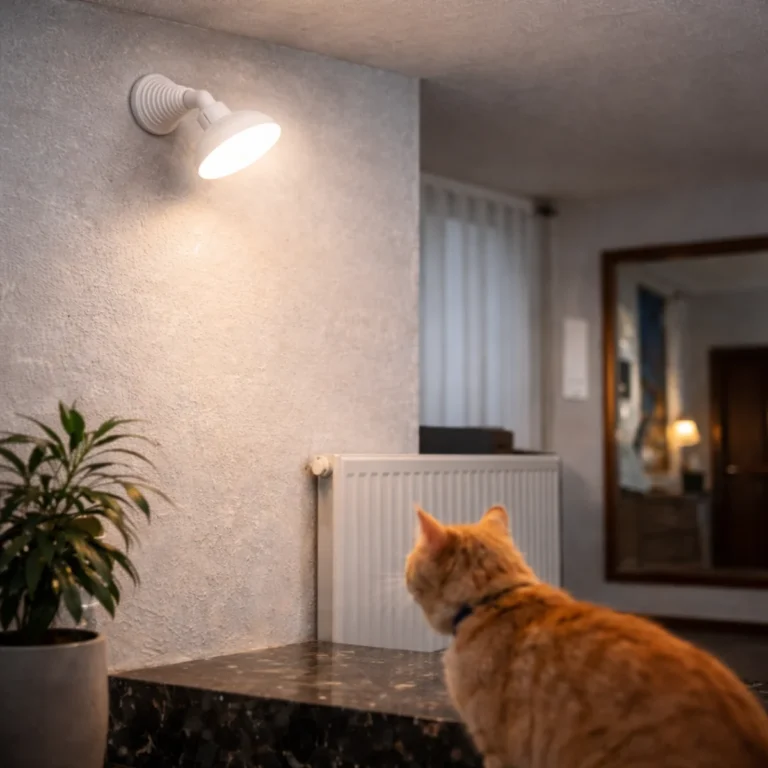 Światło na czujkę w domu – mała lampa z czujnikiem ruchu pod sufitem, kot w korytarzu