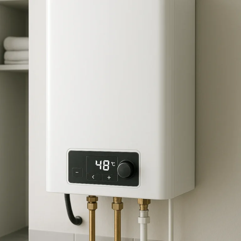 Biały przepływowy podgrzewacz wody użytkowej z wyświetlaczem 48 stopni w pomieszczeniu gospodarczym