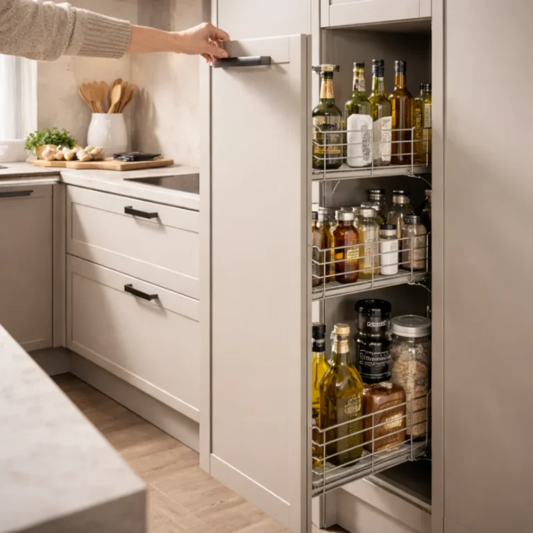 Szuflady cargo do kuchni w wąskiej szafce – wysuwane kosze na oleje i przyprawy