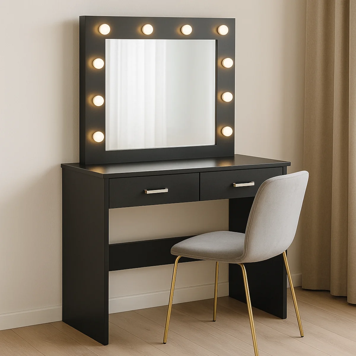 Czarna toaletka z lustrem podświetlanym żarówkami, dwie szuflady z uchwytami i krzesło w sypialni