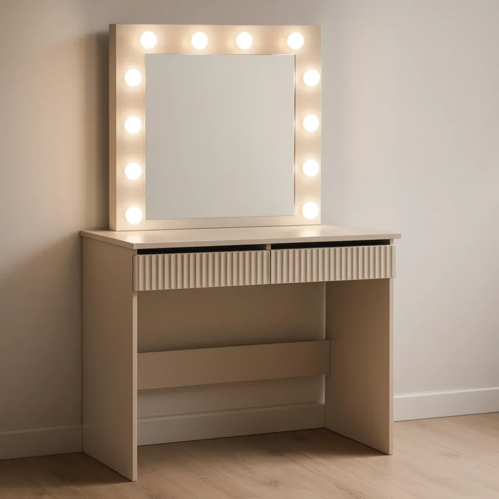Jasna toaletka z lustrem i oświetleniem żarówkowym, dwie szuflady, minimalistyczne wnętrze