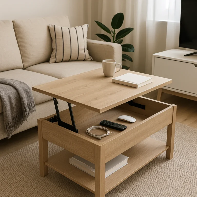 Stolik kawowy z podnoszonym blatem i ukrytym schowkiem na laptop, piloty i elektronikę w nowoczesnym salonie