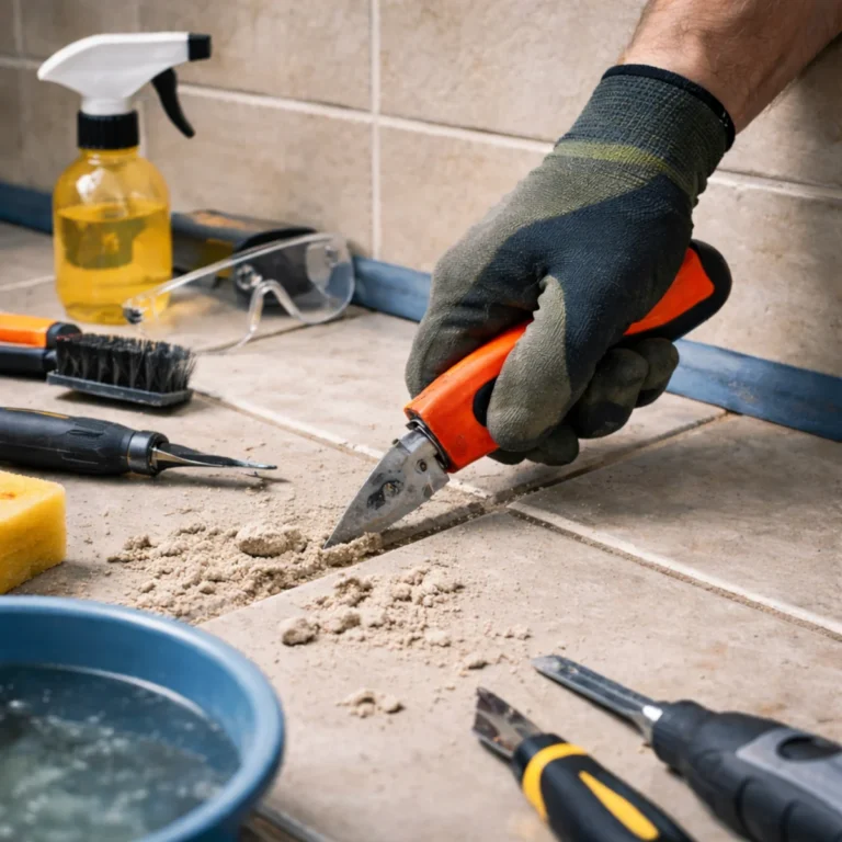 Usuwanie starej fugi ze spoin na płytkach – zbliżenie na rękawice robocze i nóż do fug oraz rozsypany pył.