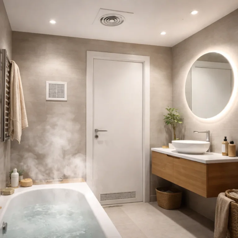 Wentylacja łazienki bez okna w nowoczesnym wnętrzu, para po kąpieli i kratka wentylacyjna