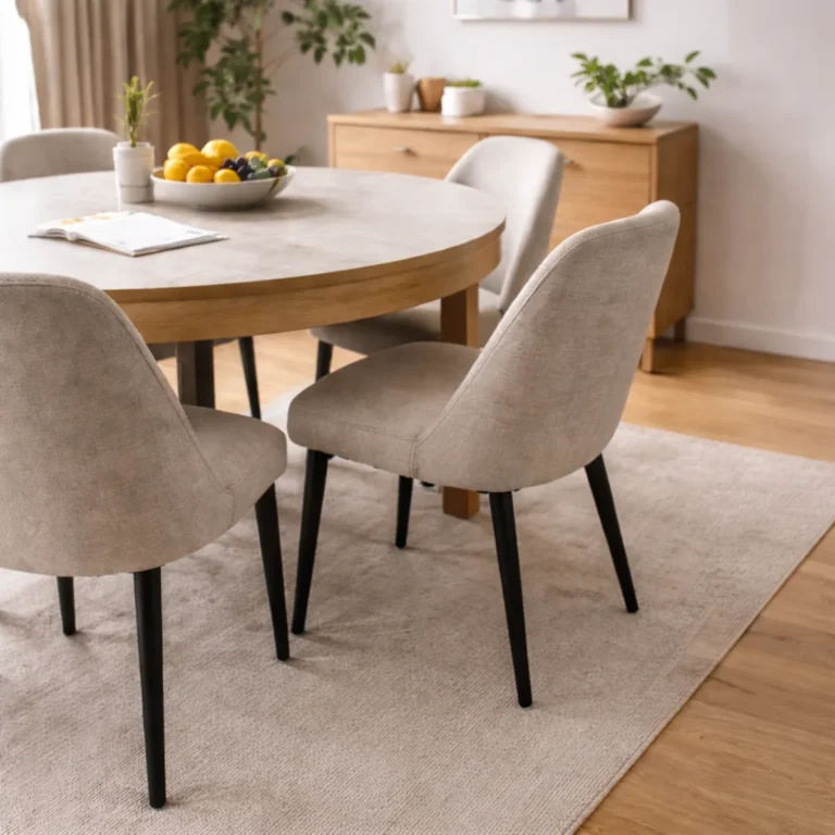 Okrągły stół i krzesła w jadalni – przykład na wymiary stołu do jadalni i odstępy