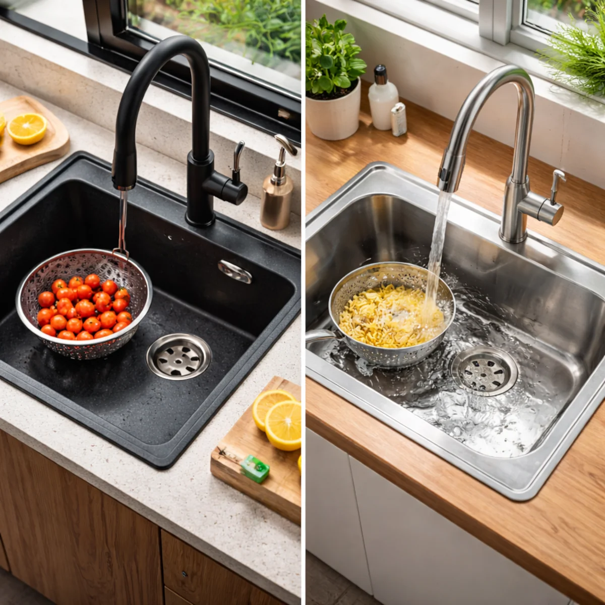 Zlew granitowy i zlew stalowy w kuchni – porównanie wyglądu i użytkowania podczas mycia naczyń