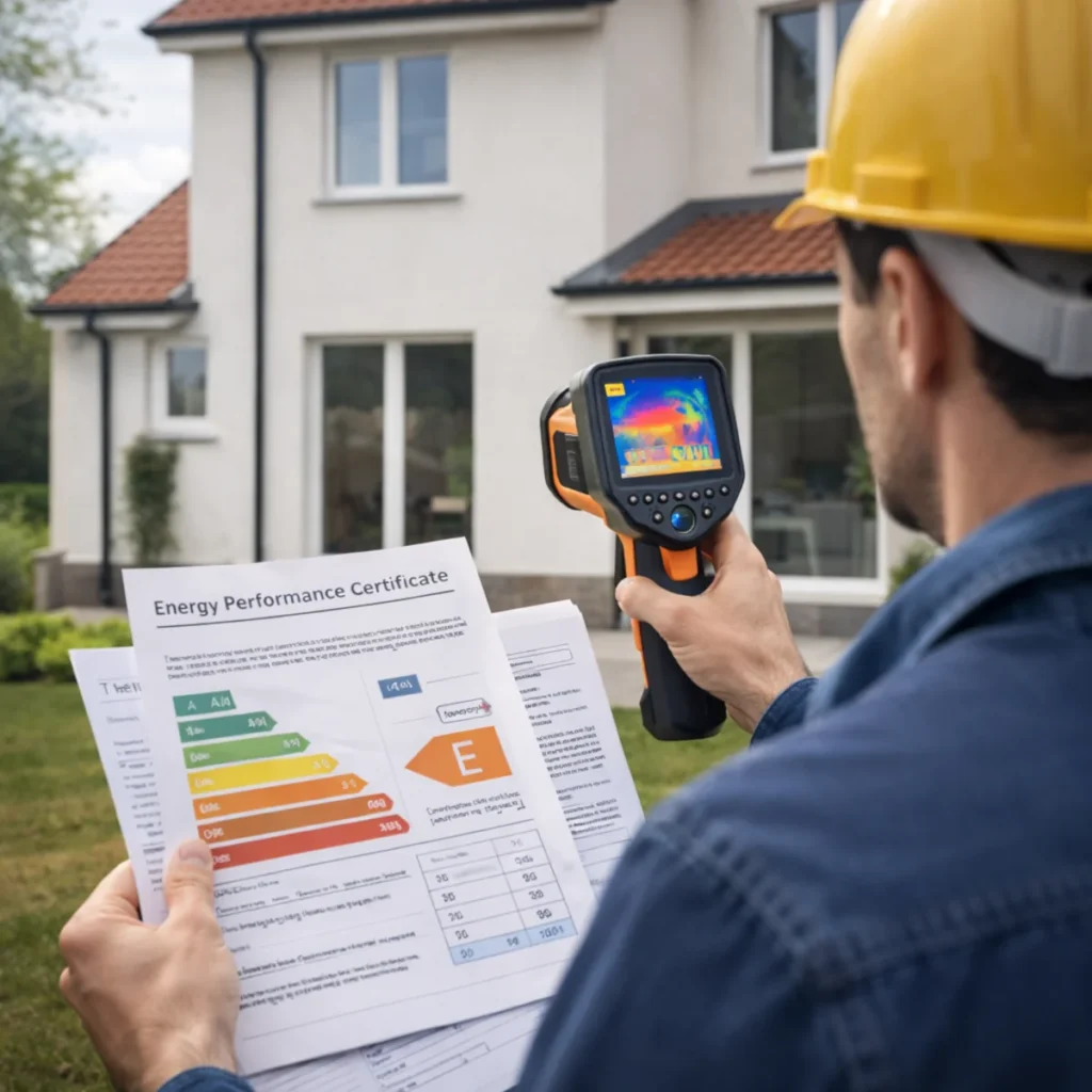 Audyt energetyczny domu – audytor z kamerą termowizyjną sprawdza straty ciepła i porównuje wyniki ze świadectwem