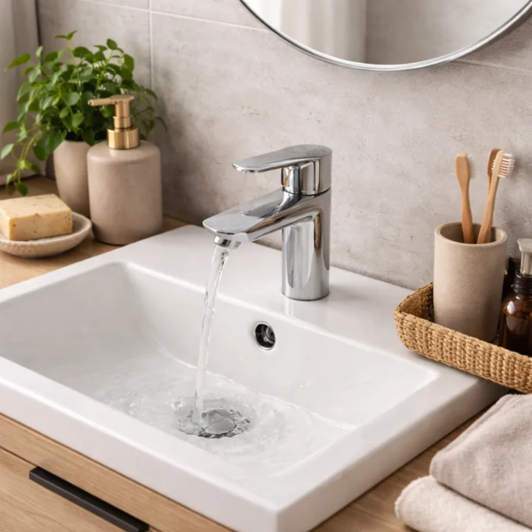 Bateria umywalkowa do małej łazienki – chrom i biała ceramika