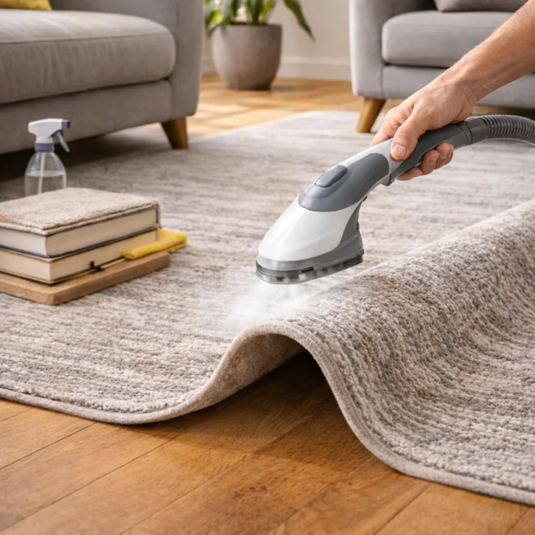 Czyszczenie dywanu parownicą w salonie – ręczna końcówka parowa na jasnym dywanie