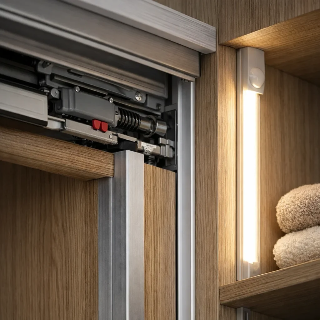 Prowadnica soft-close w szafie przesuwnej i listwa LED z czujnikiem ruchu - typowe dodatki do szafy