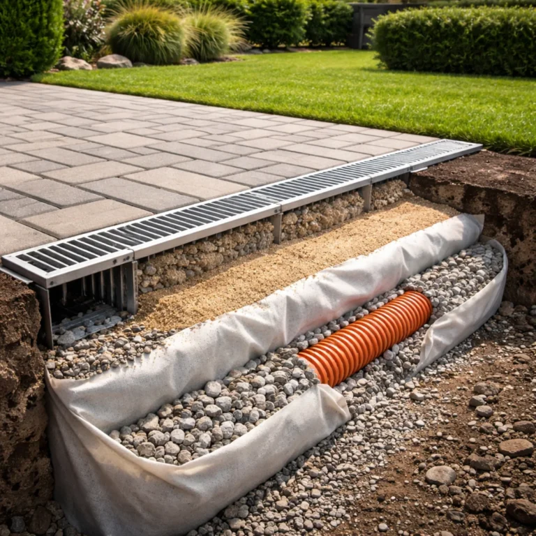 Drenaż pod kostką brukową z odwodnieniem liniowym, geowłókniną i rurą drenarską w warstwie żwiru