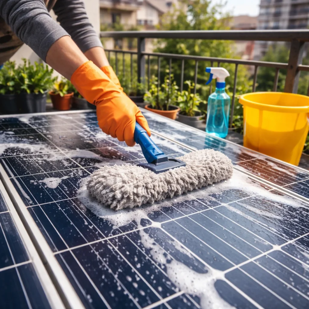 Fotowoltaika na balkonie – mycie paneli fotowoltaicznych mikrofibrą i wodą z detergentem