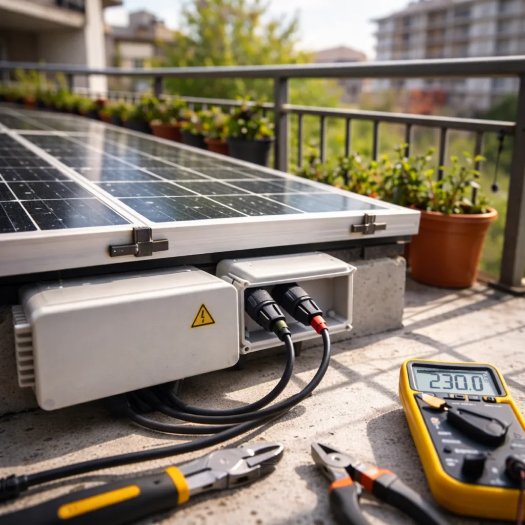 Fotowoltaika na balkonie – kontrola instalacji, puszka z przewodami i multimetr 230.0 V