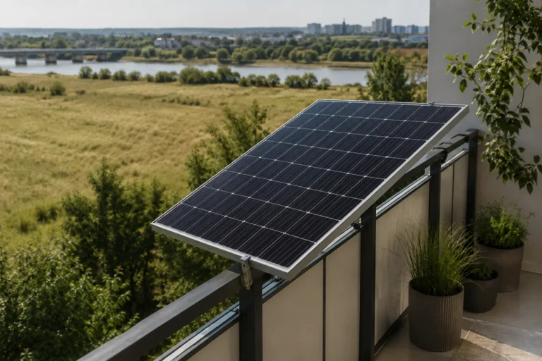 Panel fotowoltaiczny zamontowany na balustradzie balkonu