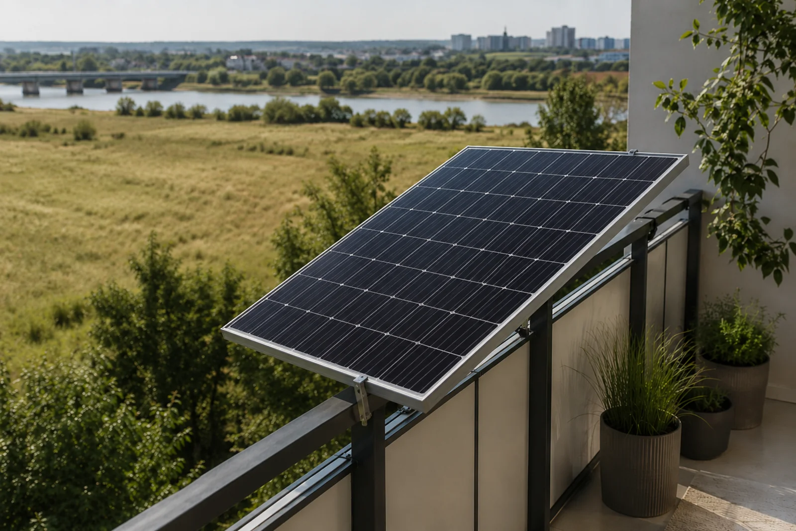 Panel fotowoltaiczny zamontowany na balustradzie balkonu