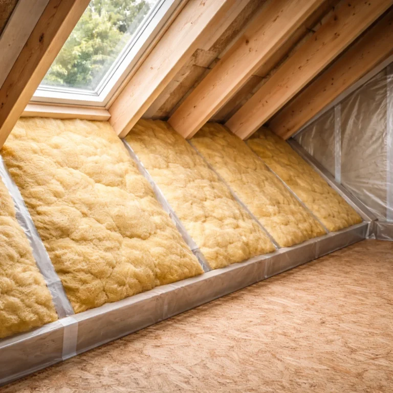 Gotowe ocieplenie poddasza wełną mineralną z paroizolacją przy oknie dachowym