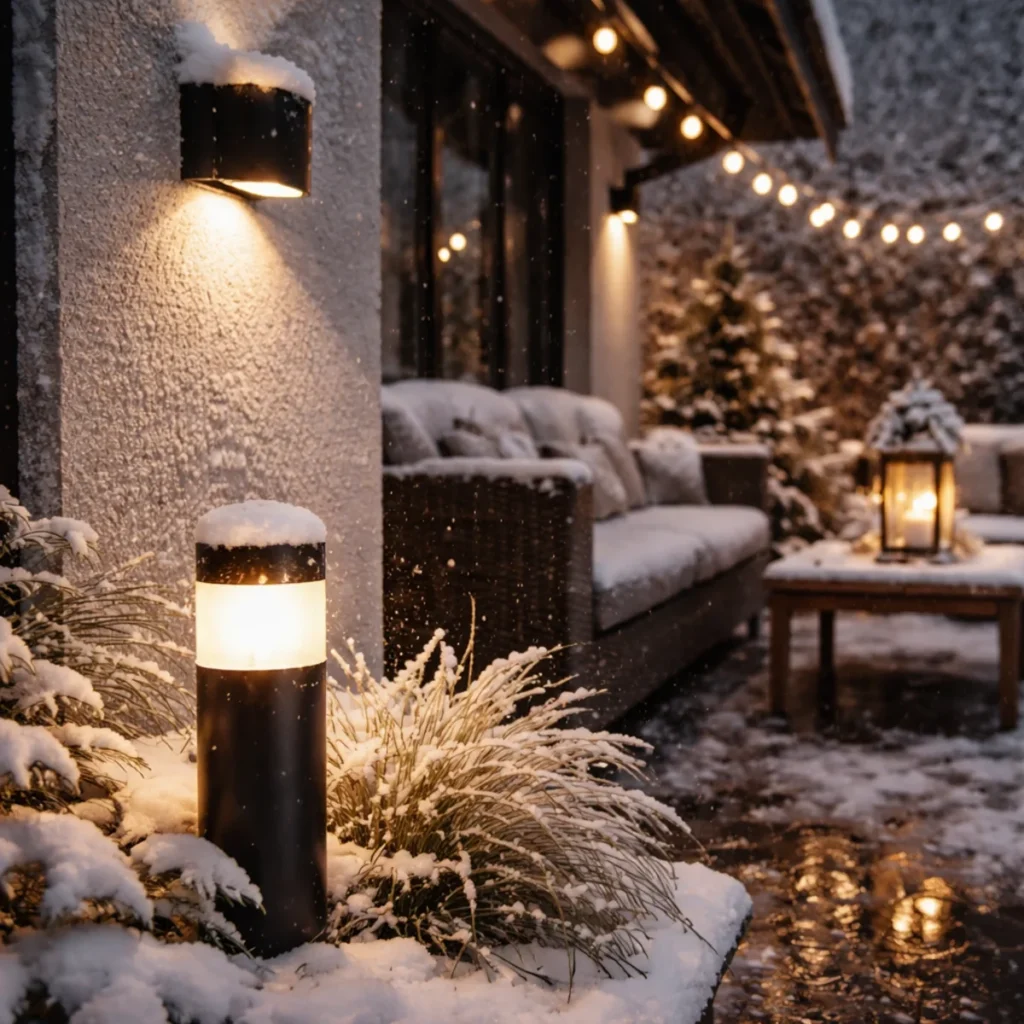 Oświetlenie tarasu zimą – kinkiet zewnętrzny i słupek LED świecące w śniegu przy domu