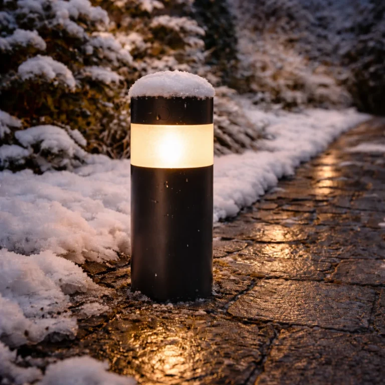 Zimowe oświetlenie zewnętrzne przy tarasie – słupek LED w śniegu na mokrej kostce
